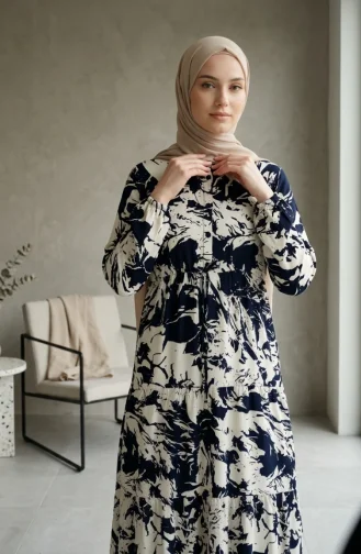 Geprinte Hijabjurk Van Viscose Met Mandarijnkraag 0370-05 Marineblauw 0370-05