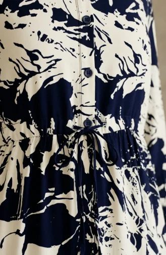 Geprinte Hijabjurk Van Viscose Met Mandarijnkraag 0370-05 Marineblauw 0370-05