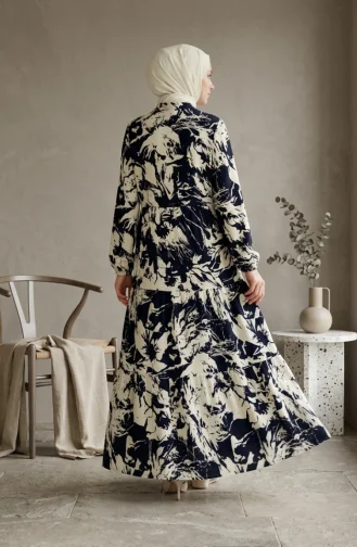 Geprinte Hijabjurk Van Viscose Met Mandarijnkraag 0370-05 Marineblauw 0370-05