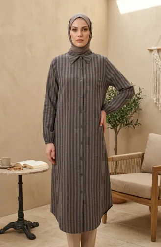 Shirt Collar Striped Buttoned Linen Tunic 0366-17 Army Green 0366-17