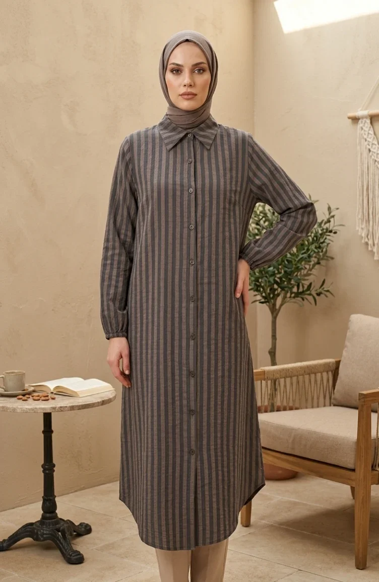 Shirt Collar Striped Buttoned Linen Tunic 0366-17 Army Green 0366-17