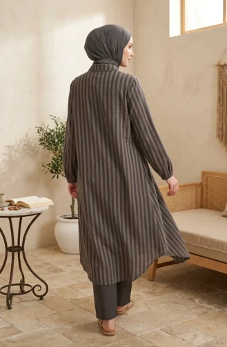 Shirt Collar Striped Buttoned Linen Tunic 0366-17 Army Green 0366-17