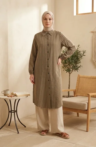 Shirt Collar Striped Buttoned Linen Tunic 0366-18 Khaki 0366-18