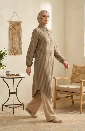 Shirt Collar Striped Buttoned Linen Tunic 0366-18 Khaki 0366-18