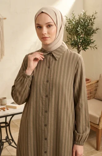Shirt Collar Striped Buttoned Linen Tunic 0366-18 Khaki 0366-18