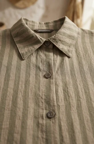 Shirt Collar Striped Buttoned Linen Tunic 0366-18 Khaki 0366-18