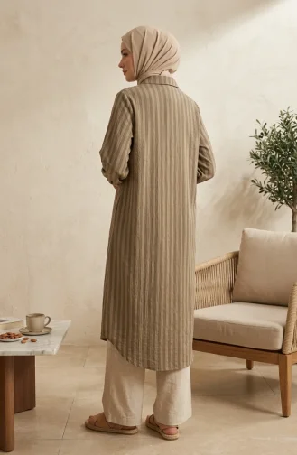 Shirt Collar Striped Buttoned Linen Tunic 0366-18 Khaki 0366-18