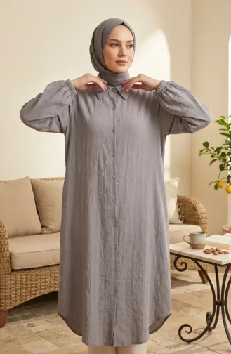 Shirt Collar Striped Buttoned Linen Tunic 0366-19 Grey 0366-19
