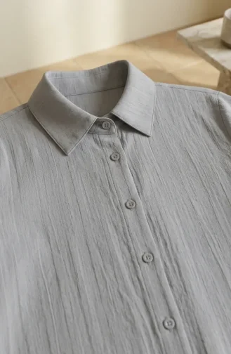 Shirt Collar Striped Buttoned Linen Tunic 0366-19 Grey 0366-19