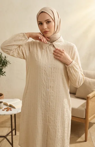 Gestreepte Linnen Tuniek Met Overhemdkraag En Knoopsluiting 0366-20 Crème 0366-20
