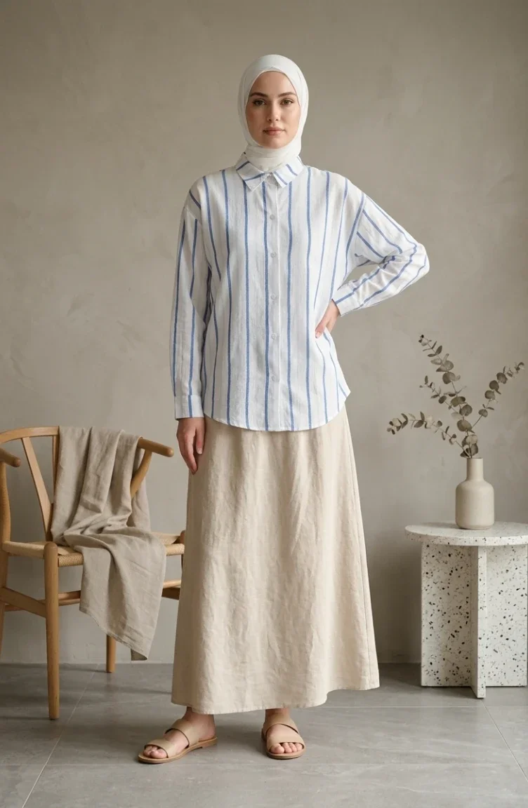 Gömlek Yaka Dikey Çizgili Keten Tunik 0368-01 Mavi