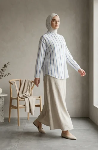 Gömlek Yaka Dikey Çizgili Keten Tunik 0368-01 Mavi