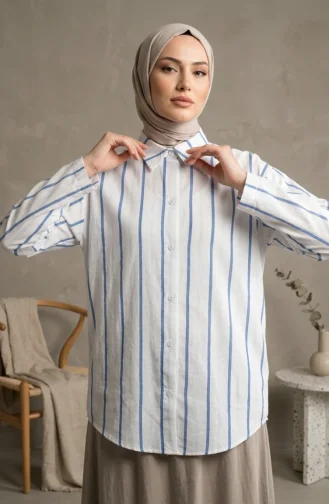 Gömlek Yaka Dikey Çizgili Keten Tunik 0368-01 Mavi