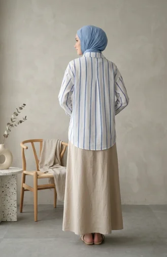 Gömlek Yaka Dikey Çizgili Keten Tunik 0368-01 Mavi