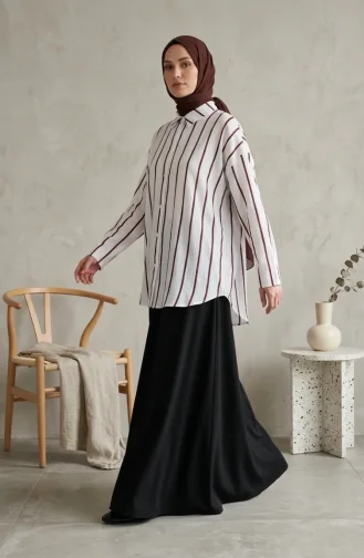 تونيك كتان مخطط عموديًا بياقة قميص 0368-04 بورغندي 0368-04