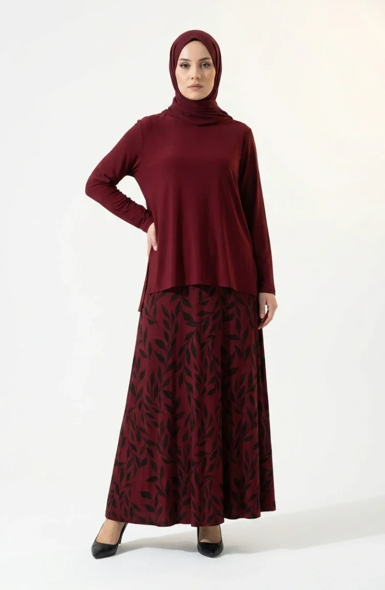 Ensemble Hijab Deux Pièces Sandy Fabric (chemisier Et Jupe) 5582-06 Bordeaux 5582-06