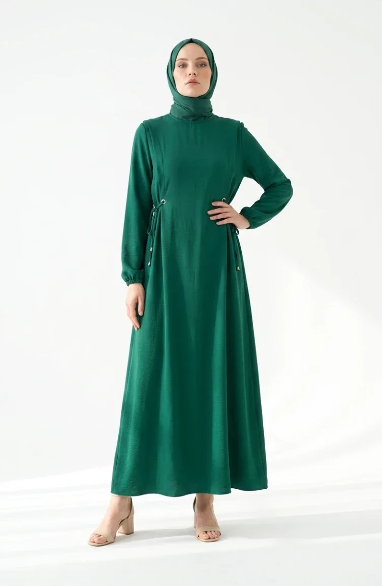Aerobin Stoff-Hijabkleid Mit Seitlicher Bindefläche 1101-04 Smaragdgrün 1101-04