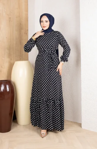 Viscose Fabric Polka Dot Belted Hijab Dress 0921-01 Navy Blue 0921-01