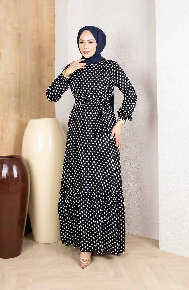 Viscose Fabric Polka Dot Belted Hijab Dress 0921-01 Navy Blue 0921-01