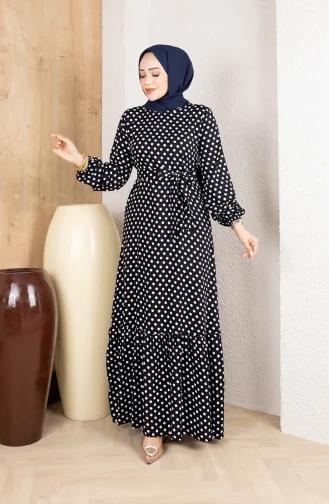 Viscose Fabric Polka Dot Belted Hijab Dress 0921-01 Navy Blue 0921-01