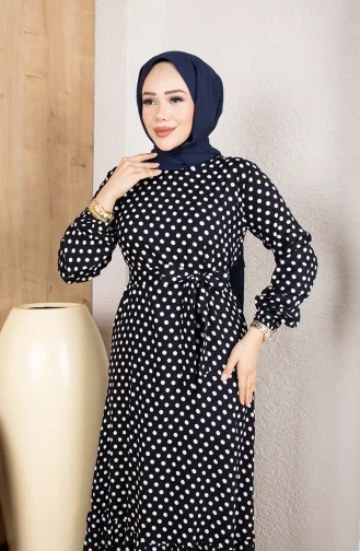Viscose Fabric Polka Dot Belted Hijab Dress 0921-01 Navy Blue 0921-01