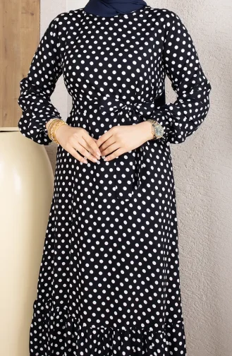 Viscose Fabric Polka Dot Belted Hijab Dress 0921-01 Navy Blue 0921-01