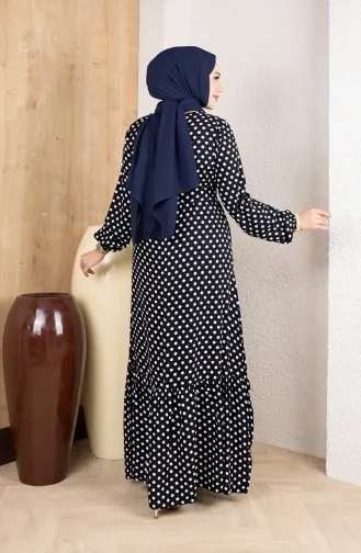 Viscose Fabric Polka Dot Belted Hijab Dress 0921-01 Navy Blue 0921-01