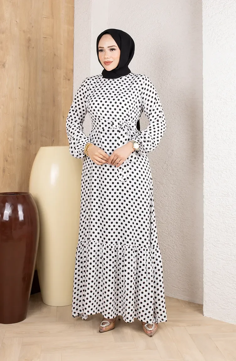 Viscose Fabric Polka Dot Belted Hijab Dress 0921-02 White 0921-02