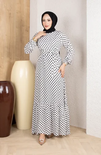 Viscose Fabric Polka Dot Belted Hijab Dress 0921-02 White 0921-02