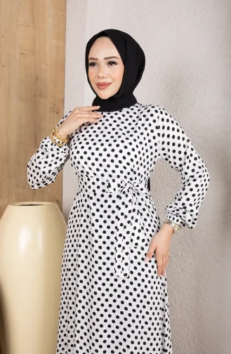 Viscose Fabric Polka Dot Belted Hijab Dress 0921-02 White 0921-02