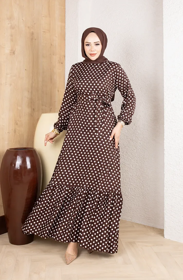 Viscose Fabric Polka Dot Belted Hijab Dress 0921-03 Brown 0921-03