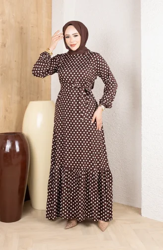 Viscose Fabric Polka Dot Belted Hijab Dress 0921-03 Brown 0921-03