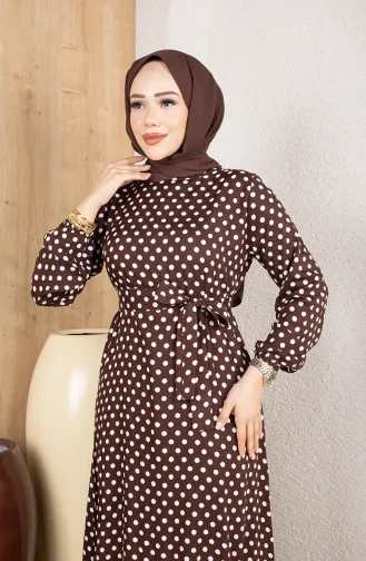 Viscose Fabric Polka Dot Belted Hijab Dress 0921-03 Brown 0921-03