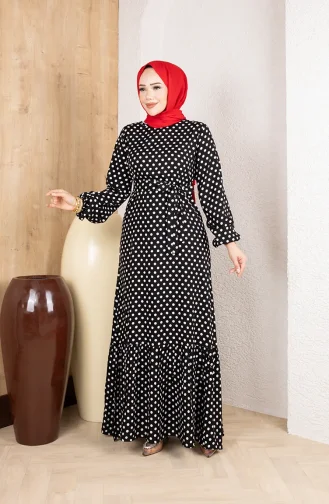 Viscose Fabric Polka Dot Belted Hijab Dress 0921-04 Black 0921-04