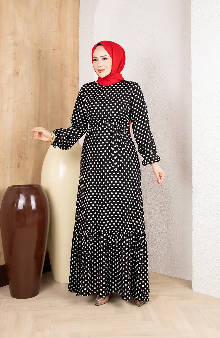 Viscose Fabric Polka Dot Belted Hijab Dress 0921-04 Black 0921-04