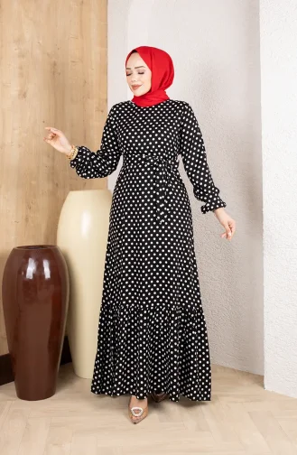 Viscose Fabric Polka Dot Belted Hijab Dress 0921-04 Black 0921-04