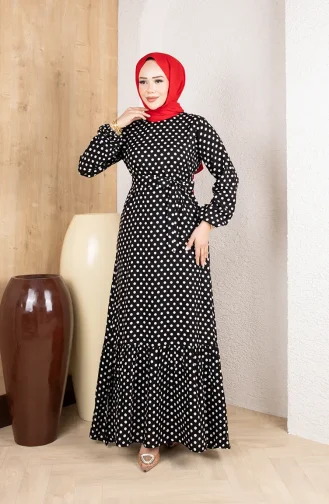 Viscose Fabric Polka Dot Belted Hijab Dress 0921-04 Black 0921-04
