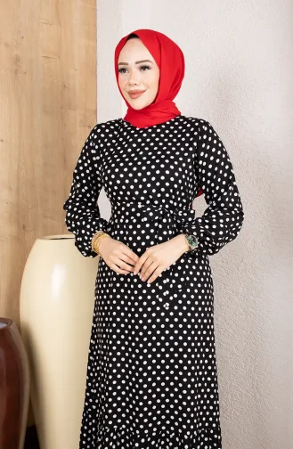 Viscose Fabric Polka Dot Belted Hijab Dress 0921-04 Black 0921-04