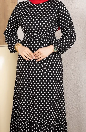 Viscose Fabric Polka Dot Belted Hijab Dress 0921-04 Black 0921-04