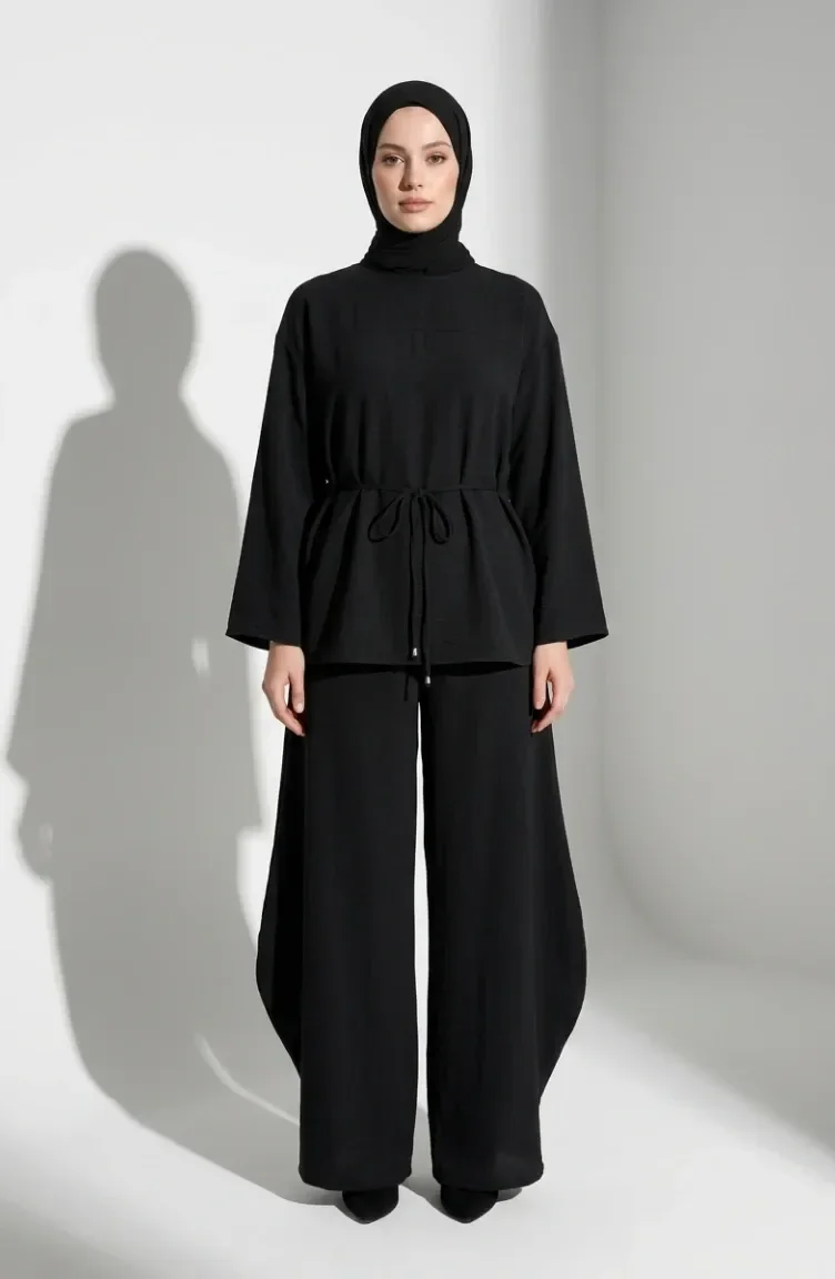 Aerobin Fabric Two-Piece Hijab Set With Lace Detail 5684-01 Black 5684-01