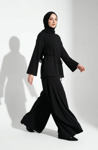 Aerobin Fabric Two-Piece Hijab Set With Lace Detail 5684-01 Black 5684-01