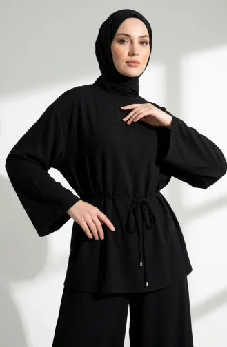 Aerobin Fabric Two-Piece Hijab Set With Lace Detail 5684-01 Black 5684-01