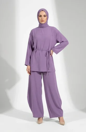 Ensemble Hijab Deux Pièces En Tissu Aerobin Avec Détails En Dentelle 5684-02 Lilas 5684-02