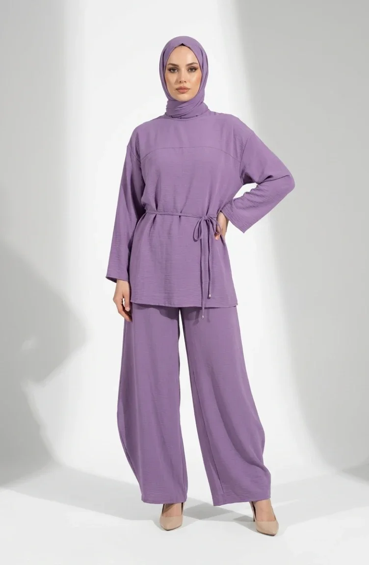 Ensemble Hijab Deux Pièces En Tissu Aerobin Avec Détails En Dentelle 5684-02 Lilas 5684-02