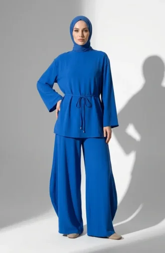 Ensemble Hijab Deux Pièces En Tissu Aerobin Avec Détails En Dentelle 5684-04 Indigo 5684-04