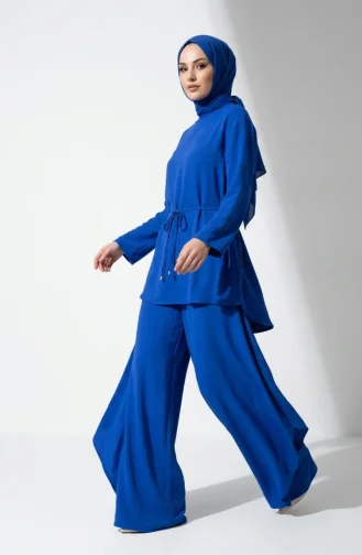 Ensemble Hijab Deux Pièces En Tissu Aerobin Avec Détails En Dentelle 5684-04 Indigo 5684-04