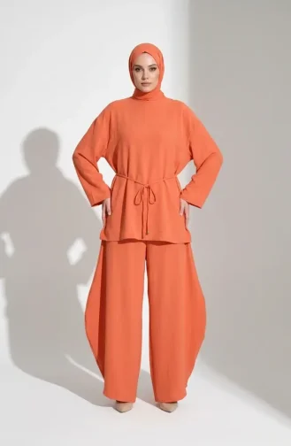 Ensemble Hijab Deux Pièces En Tissu Aerobin Avec Détails En Dentelle 5684-06 Orange 5684-06