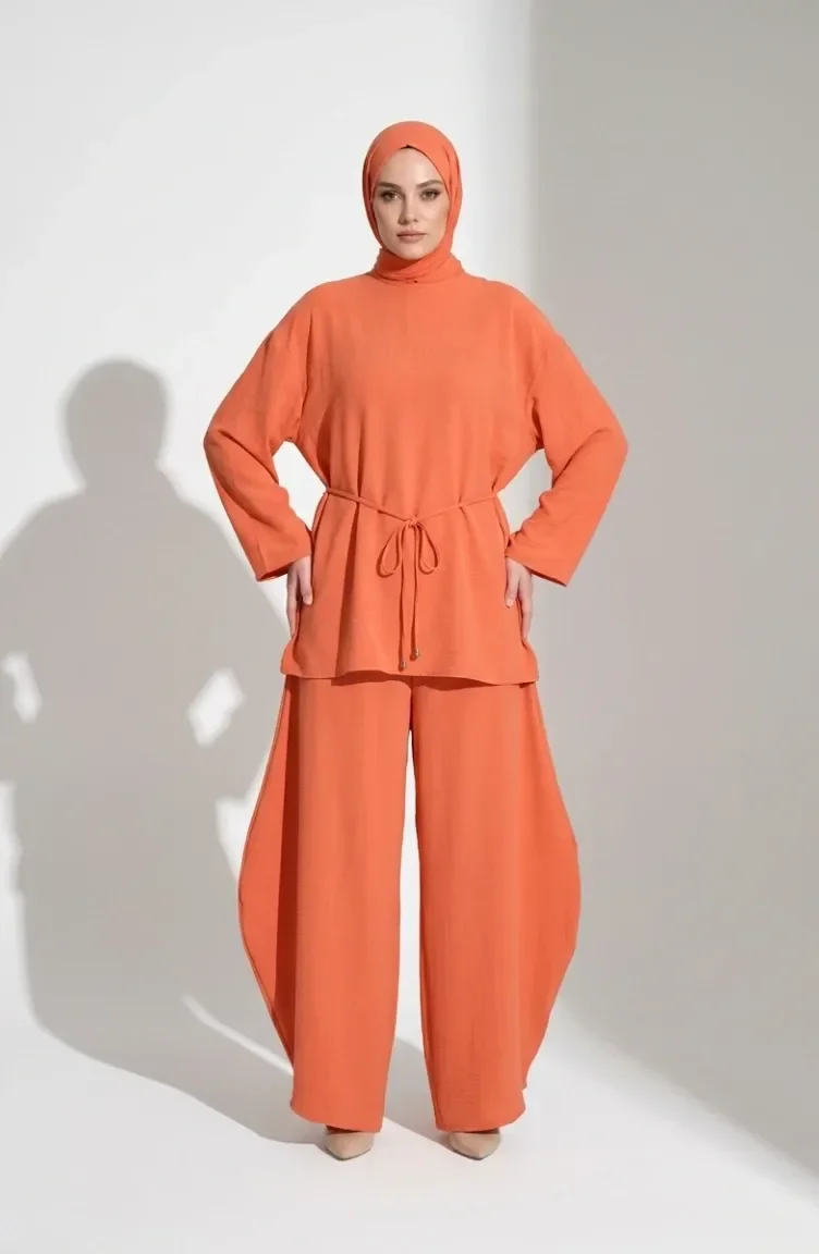 Ensemble Hijab Deux Pièces En Tissu Aerobin Avec Détails En Dentelle 5684-06 Orange 5684-06