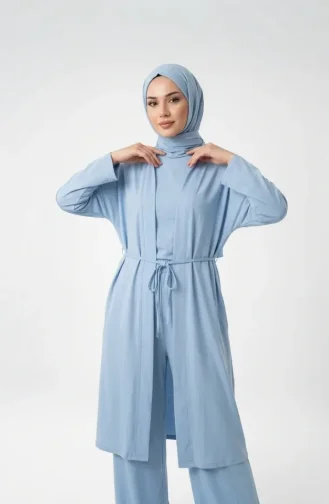 Kimona Pantolon Tesettür İkili Takım 2307-02 Bebek Mavisi