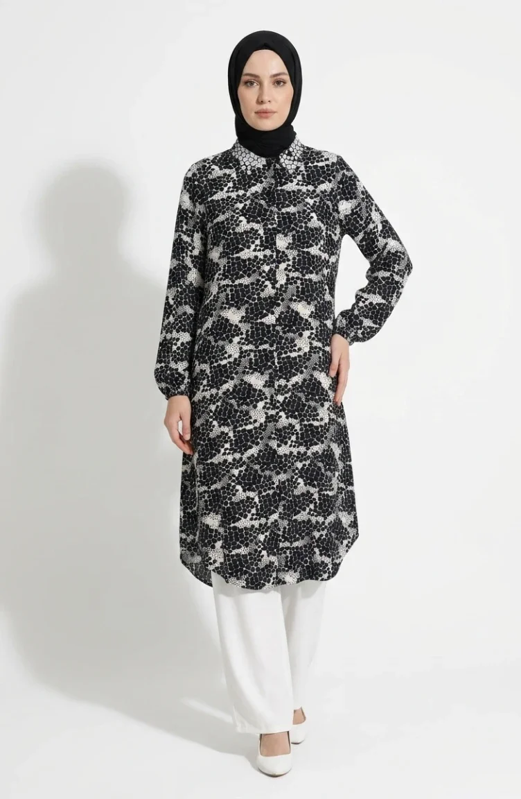 Tweedelige Hijabset Van Viscosestof Bestaande Uit Een Tuniek En Een Broek (model 0367A-02 Donkerblauw). 0367A-02